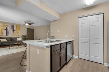 Kitchen bar with stainless-steel sink and dishwasher.